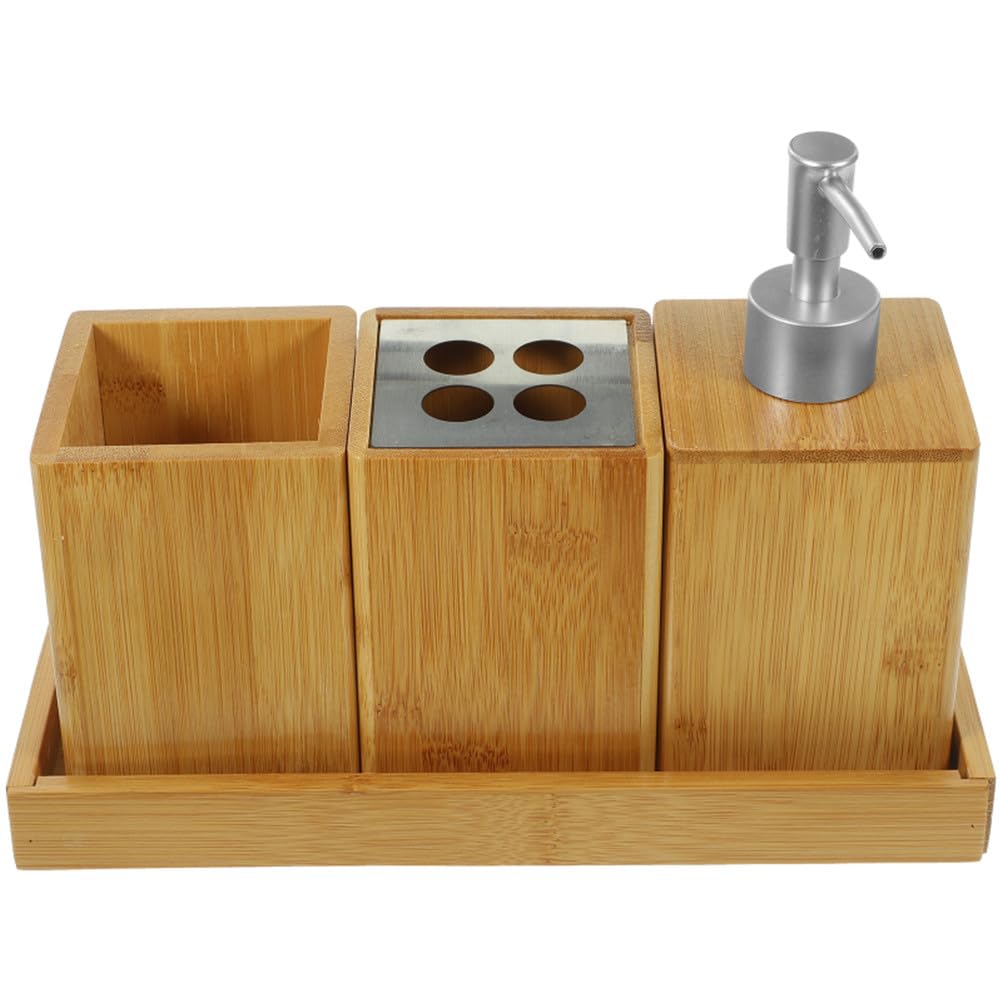 Juego de Accesorios de baño de bambú de 4 Piezas con Bandeja, dispensador y portavasos de Varios tamaños