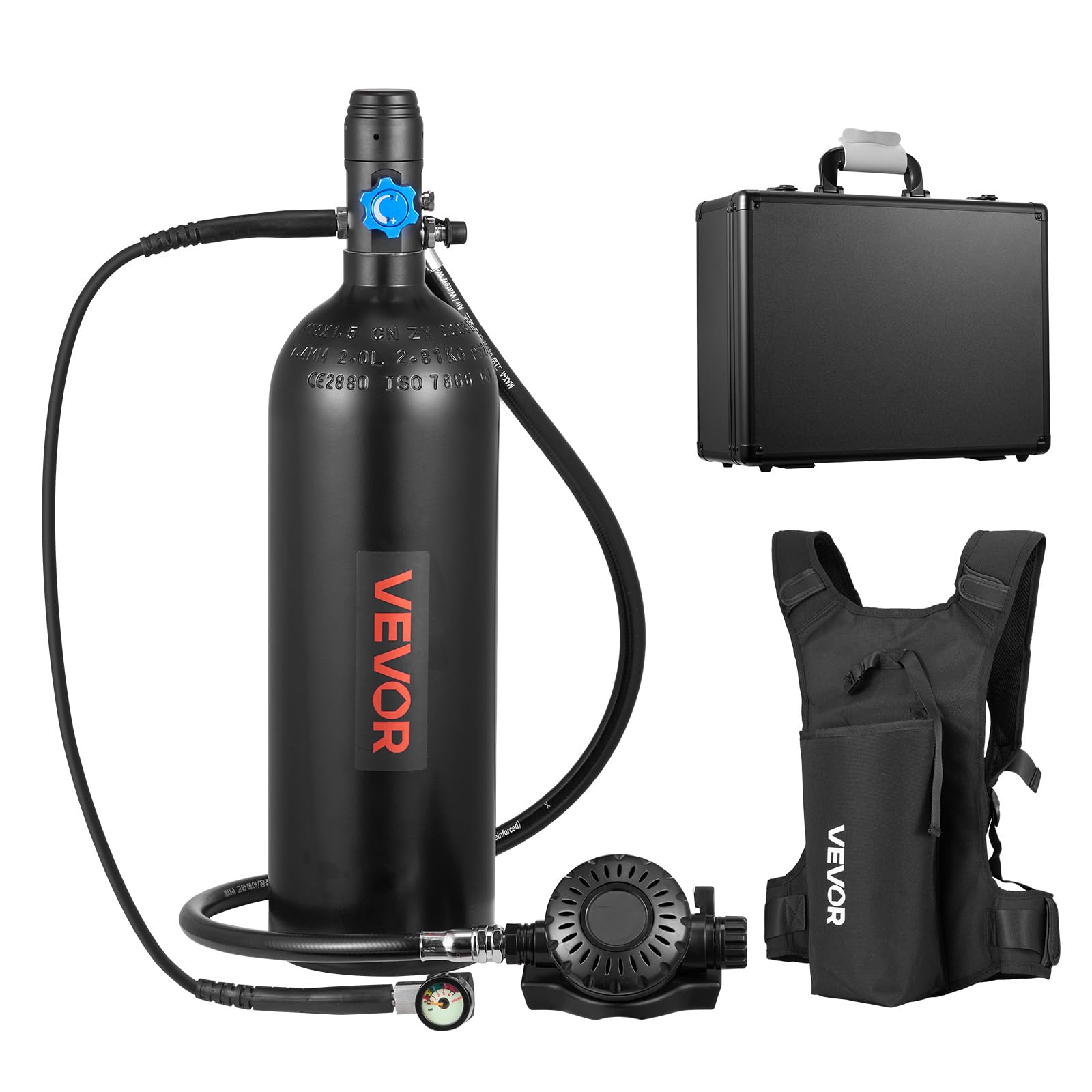 VEVOR Mini Botella de Buceo de 2 L, Juego de Tanque de Buceo Portátil con Mochila y Caja de Protección, Capacidad de 30 a 35 Minutos, Bombona de Oxígeno Recargable Aluminio, para Viajes Bucear Rescate