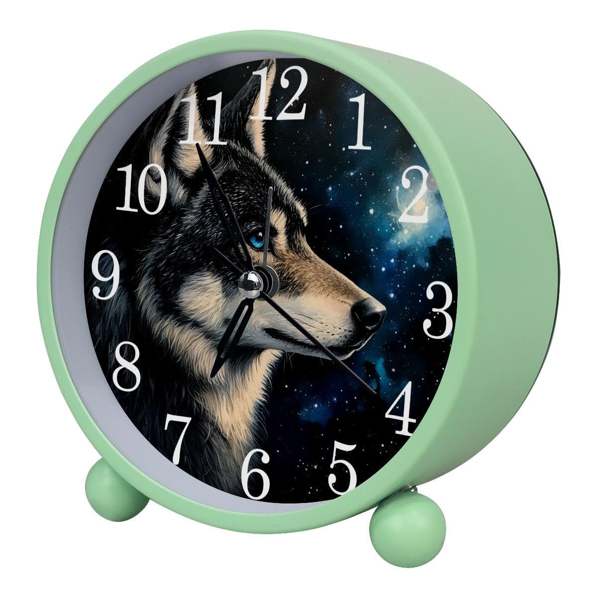 Luoweisi Alarm Clock Wolf Starry, Silent Non-Ticking with Night Light, Round Metal Alarm Clock for Office, Battery Operated, Bedroom, Elderly, Adults, Children, Student Gifts