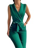 Women&apos;s Elegant Jumpsuits V Neck Sleeveless Straight Belted Long Pants Business Suits Set with Pockets