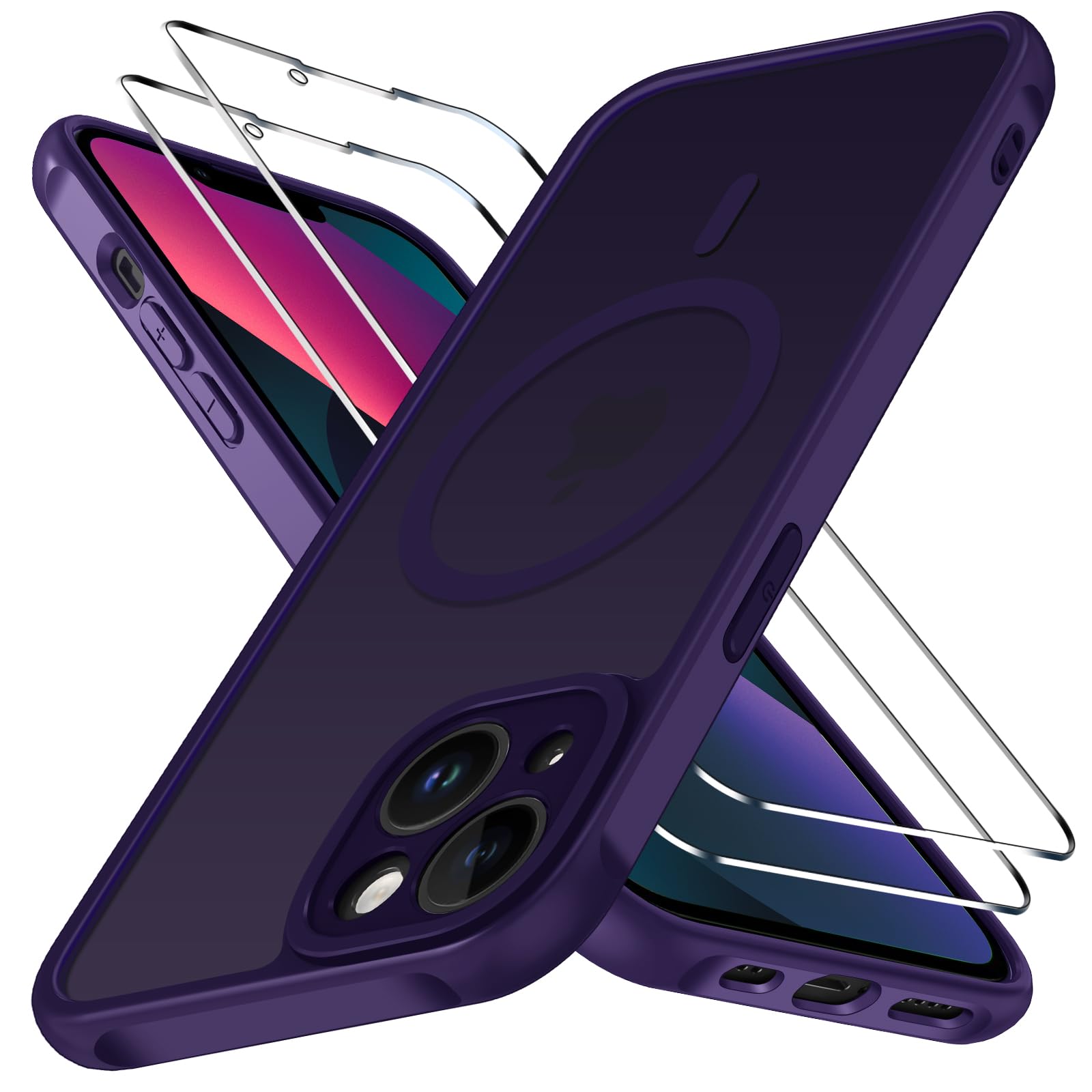 ivoler für iPhone 13 Hülle mit 2 Panzerglas, MagSafe, Matt Dunkelviolett | 3-in-1 Set, Militärschutz Stoßfest Kratzfest Haltbarkeit, Sottile, TPU-Rahmen, Durchscheinend Rückseite