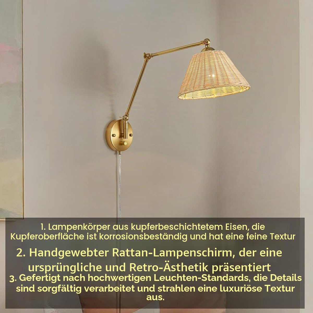 AoLa Vintage Rattan Wandleuchte Verstellbare, Innen E27 Wandlampe Dimmbar mit Schalter Gold Schwenkarm Wandleuchten mit Kabel und Stecker Retro Industrial Wand Leselampe für Schlafzimmer Büro,1 Stück