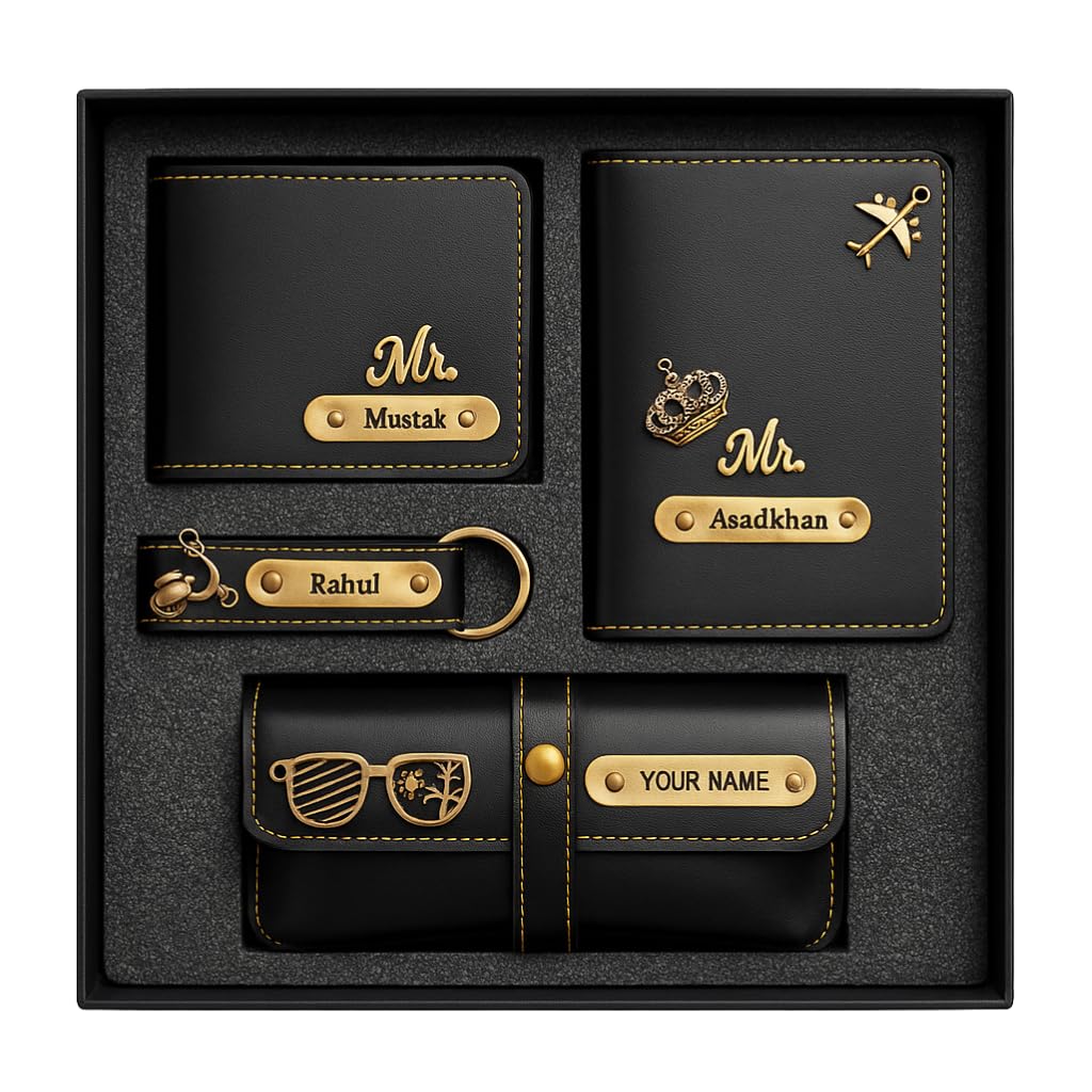 celed Stylish Gift Set for Men | Personalized Wallet, Passport and Document Holder, Keychain & Sunglass Pouch (Black)-picture-7