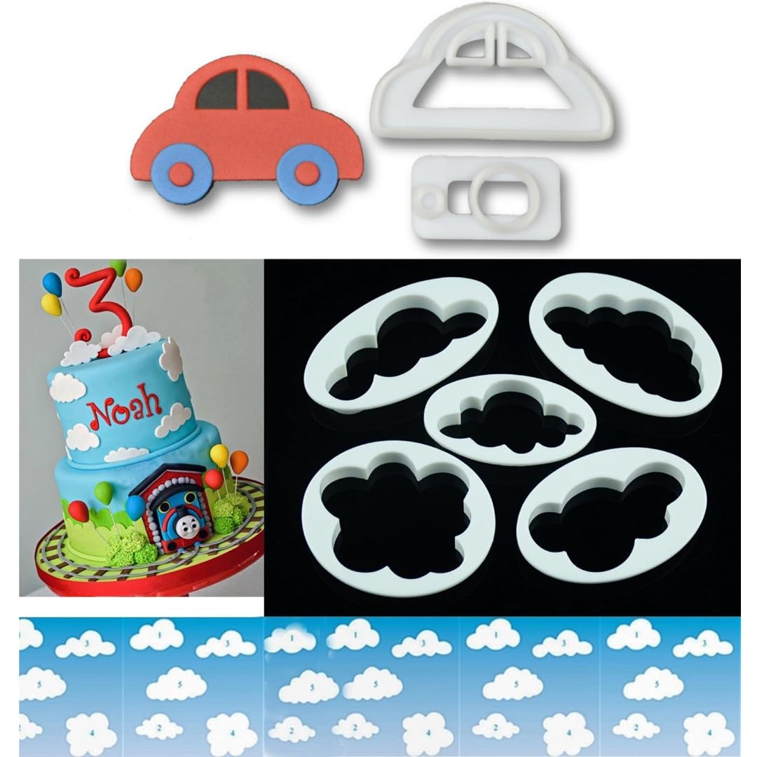Sugarcraft 7pc/Set Car Cutter & Cloud Cutter Shape Fondant Plastic Cookie Cutter for Cake Decorating Mold Sugarpaste Cupcake Decoration Baking Tools Cookie Stamp Bakeware.