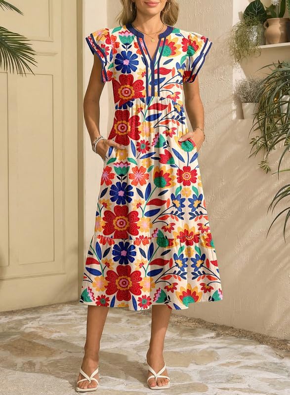  Womens Dresses 2026 V-Neck Cap Sleeve Empire Waist Dress | Spring, Summer, Flowy Hem, Striped, Floral, Beach, Midi, Maxi, Side Pockets, Elegant, Fashion, Casual thumbnail