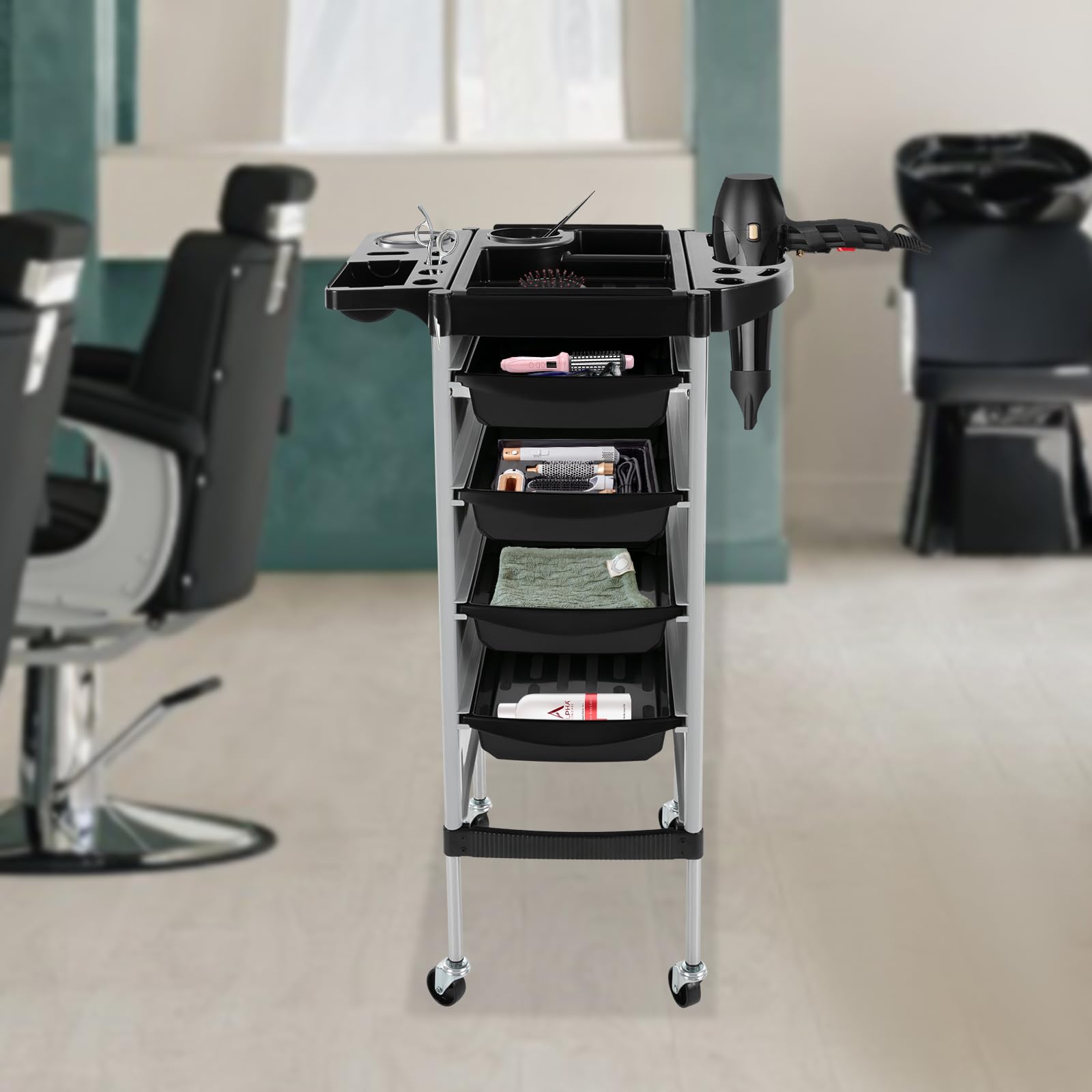 salón de peluquería esteticista profesional carrito peluquero de 5 pisos con 4 cajones 1 plegable bandeja 4 ruedas carro de salón para salón de belleza, mascotas, 52 x 38 x 88 cm (blanco)