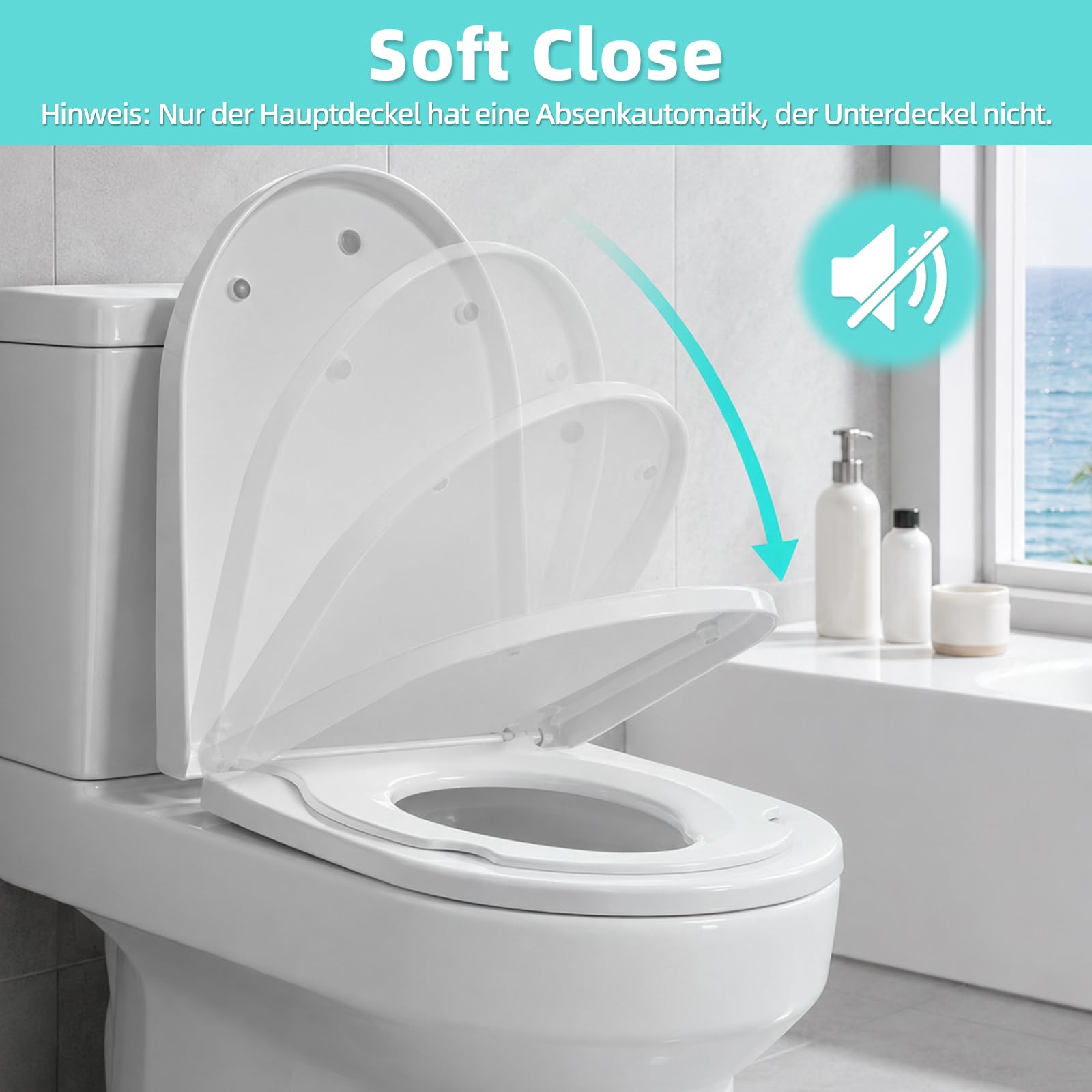 Tavoletta copriwater con abbassamento automatico, in Duroplast infrangibile, antibatterico e resistente ai raggi UV, forma a D, con sedile per bambini fino a 200 kg, colore: bianco