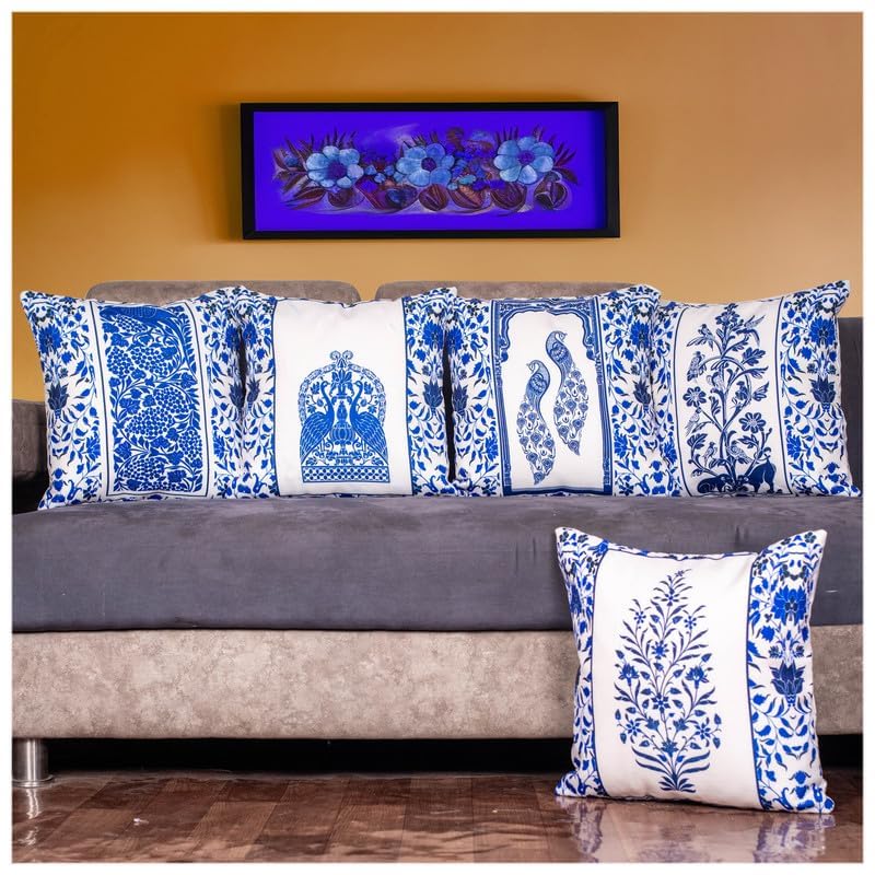 Image of Decorative Satin Sofa Cushion Covers Set of 5, 16 x 16 Inches, Multicolor Floral Printed Pillow Covers for Living Room, Bedroom, Couch & Sofa, Soft Glossy Fabric, Zipper Closure