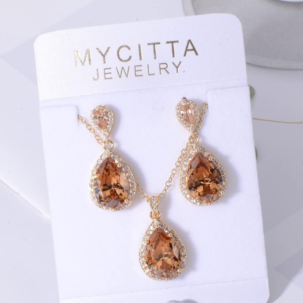 Bridal Jewelry Set for Wedding - 18k Plated Teardrop CZ Crystal Cubic Zirconia Rhinestone Necklace Earrings Set for Bride Bridesmaids Mother of Bride Party Prom Birthstone Costume Jewelry