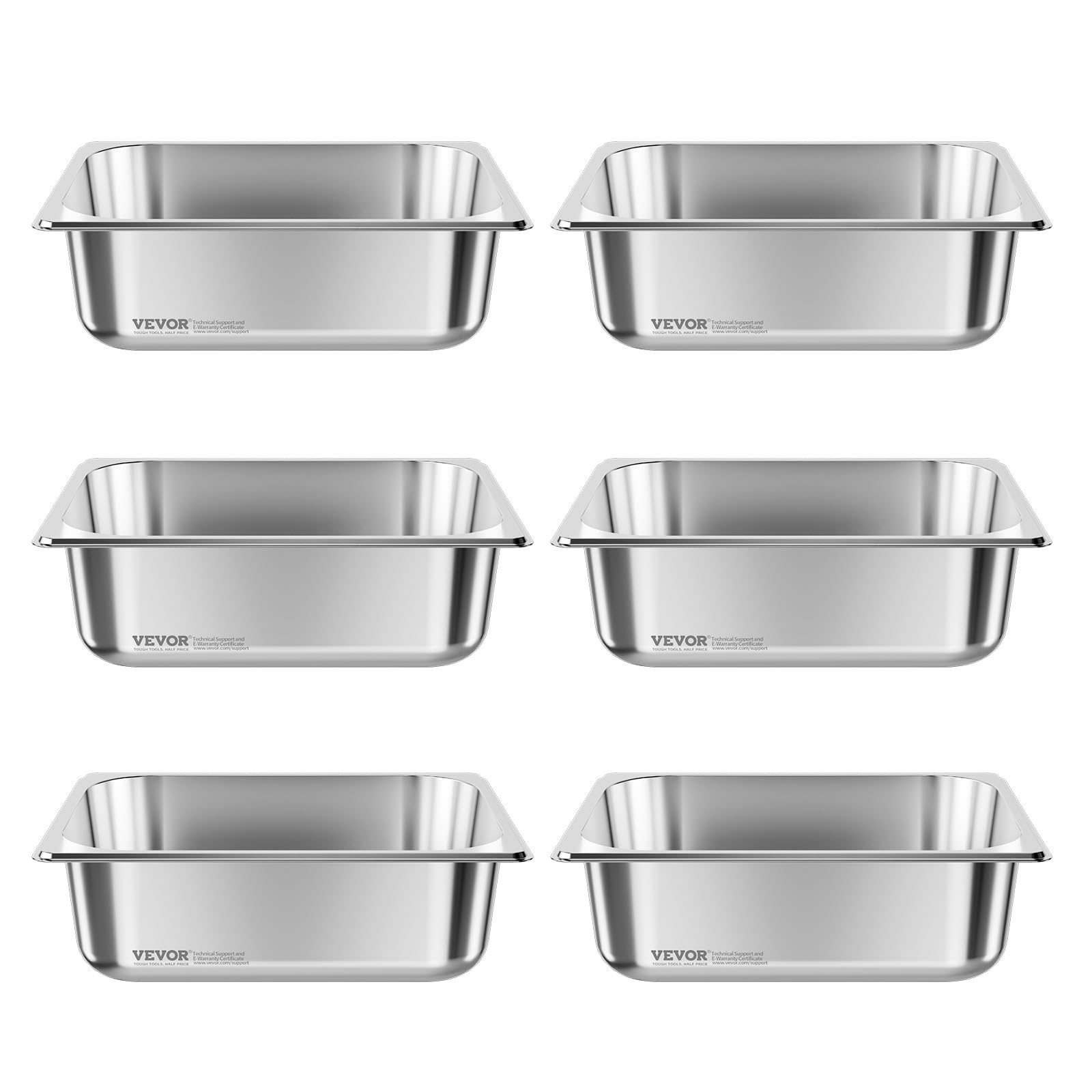 VEVOR Recipiente Gastronorm para Hotel 1/2 Tamaño, Paquete de 6, 6 L, Recipientes Reutilizables, Acero Inoxidable, Bandeja para Alimentos para Fiestas, Restaurantes y Bufés, 325 x 265 x 99 mm