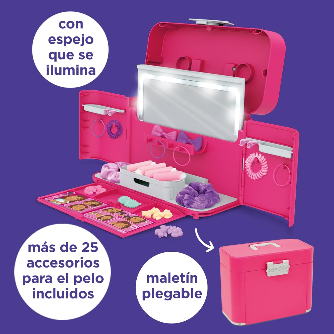 Casdon Ultimate Styling Case - Maletín Plegable con Accesorios para el Pelo, Espejo Luminoso, folleto de Peinados y Accesorios - Edad: 3+ años
