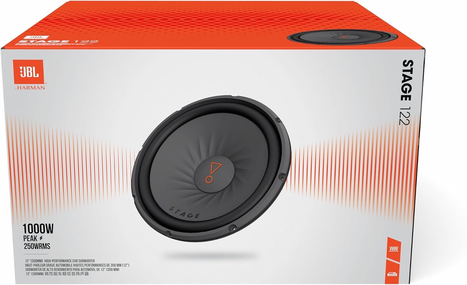 JBL Stage 122 Subwoofer Auto 300 mm (12”), passivo, 250W RMS e 1000W Max, 4 Ohm, 91 dB, risposta in frequenza 34–200 Hz, bobina da 2”, altezza incasso 15,4 mm, per box o installazione libera
