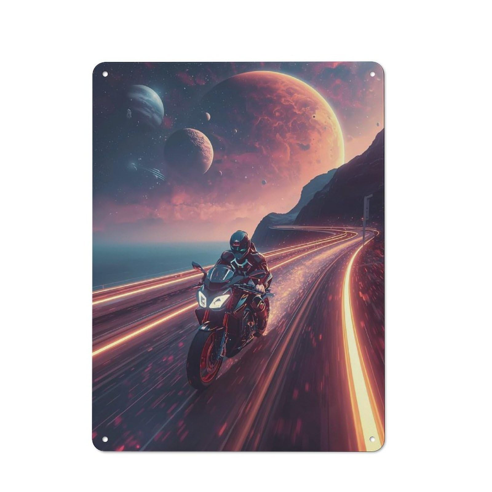 For Café Or Restaurant, Motorcycle Ride in Space Retro Metal Sign 40x30cm, Gift for Café Owners And Decorators during The Christmas Season