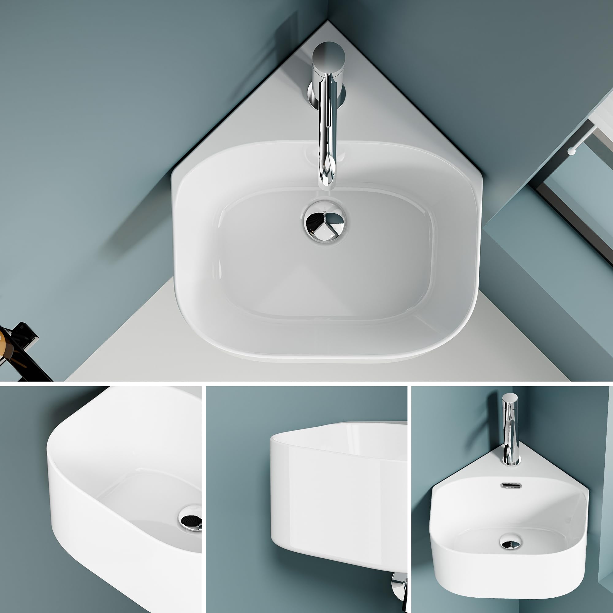Lavaplas de esquina de cerámica blanca - Lavabo compacto y angular para espacios pequeños - Lavabo de diseño elegante y funcional - Ideal para baños o aseos - 40 x 43,5 x 16,5 cm
