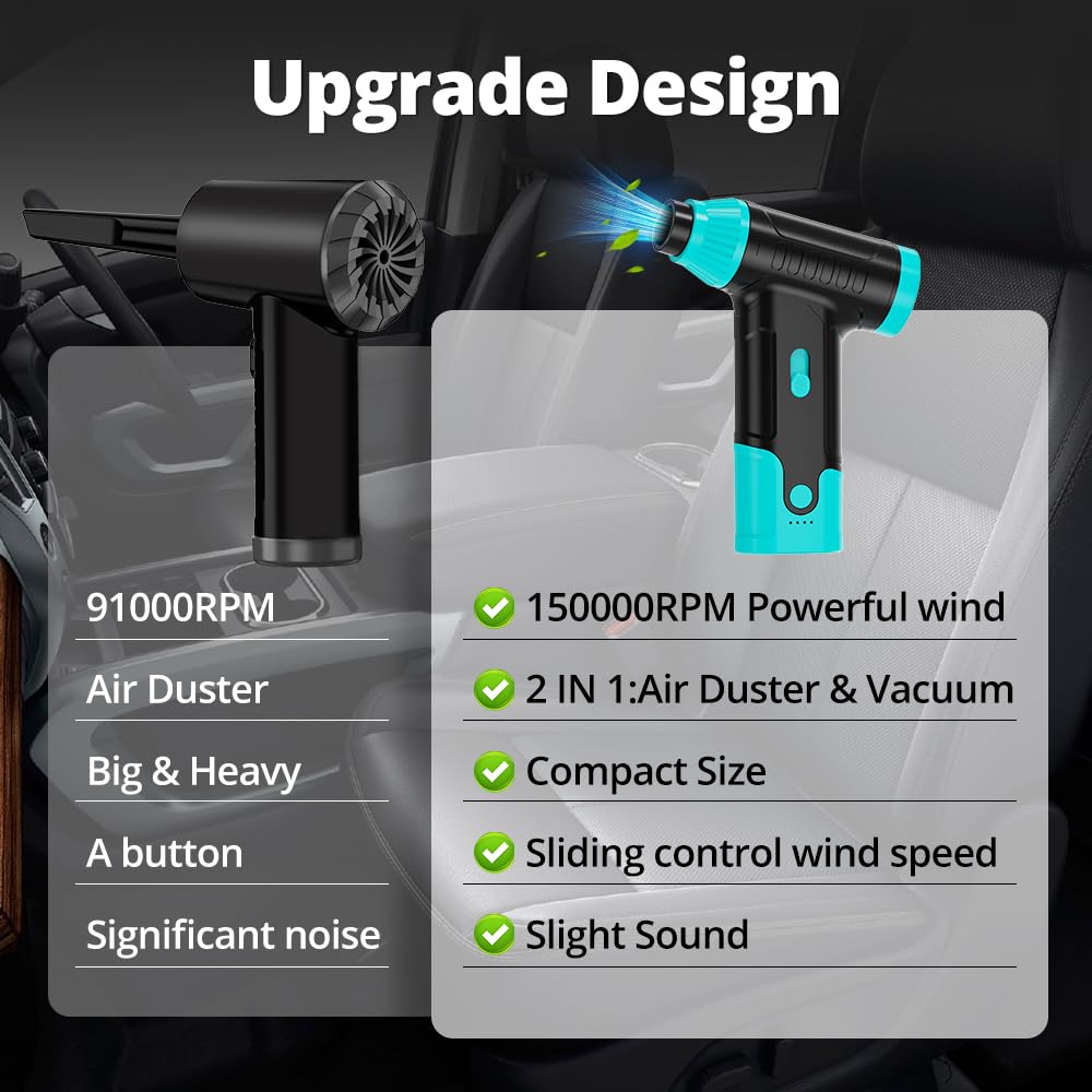 Compressed Air Duster Keyboard Cleaner - Electric Air Blower Cleaning Kit 150,000 RPM Mini Blower Spray to Dust Off Car, PC, Keyboard, Vacuum (Green)