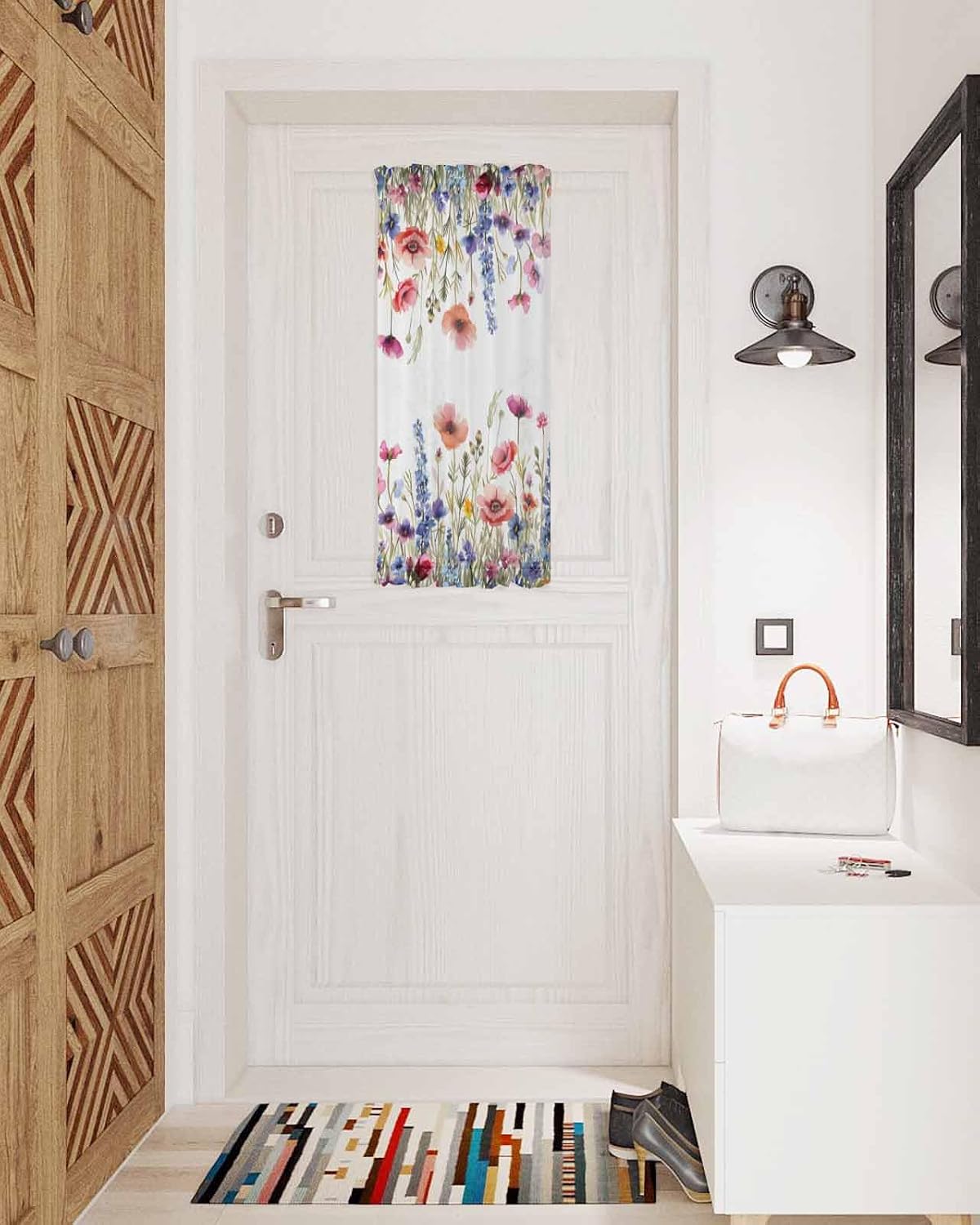 Garden Floral French Door Curtain, Sheer Door Curtains for Door Window Curtains Rod Pocket Sidelight Curtains for Front Sliding Door with Tieback 1 Panel, Watercolor Daisy Flowers Botanical, 25W X 40L