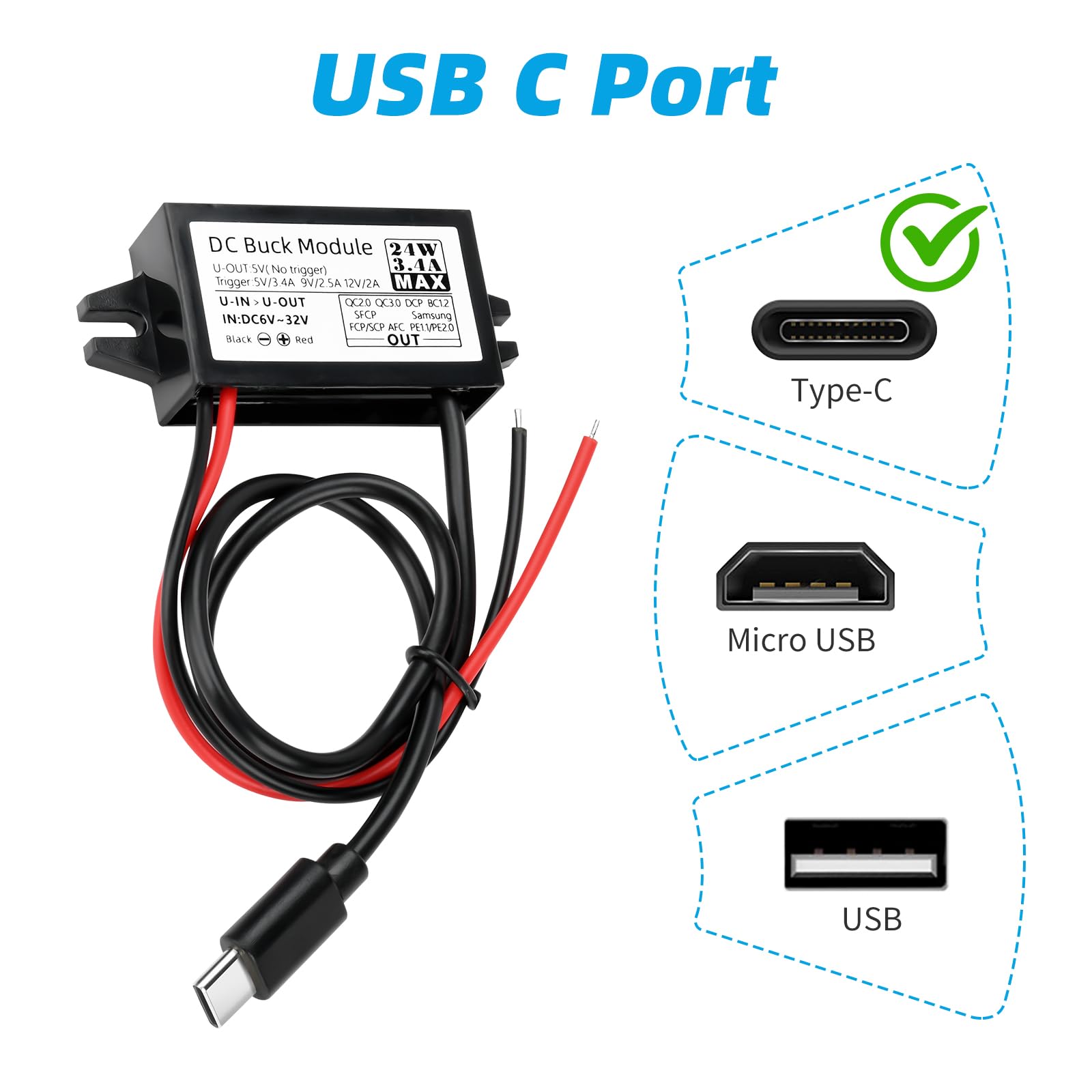 DC HOUSE 2-in-1 12V Converter And 3A Battery Charger, USB-C & USB-A Multi-Port Power Adapter With Battery Clips, For Camping, Phones, Tablets, Fish - View #6