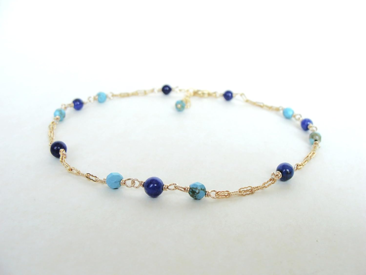 Genuine Turquoise and Lapis Anklet For Women: gold-fill, adjustable 9-10 inches, summer style, jewelry gift, handmade in USA