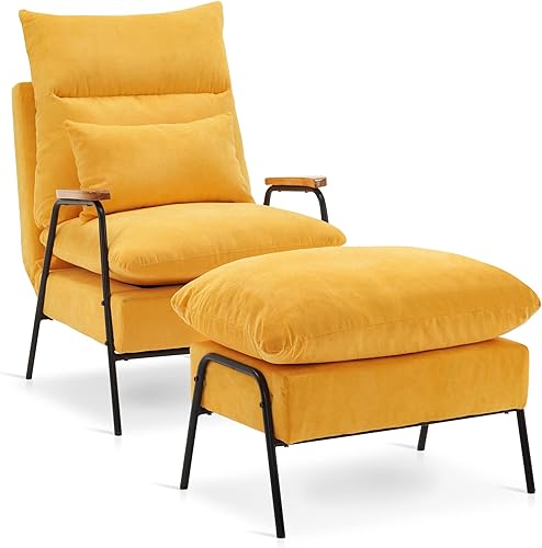 Miniatura 1 de MCombo Moderno sillón reclinable con otomano, sillón de tela de lino con respaldo ajustable, silla de sofá individual para sala de estar y