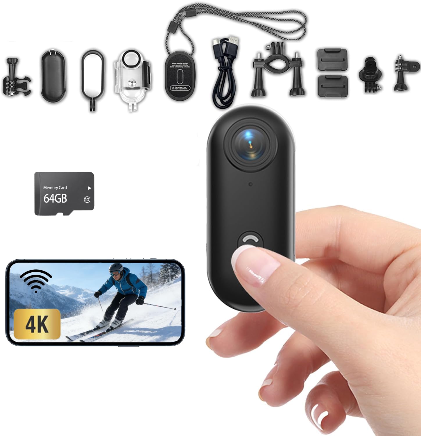 Mini Action Camera WIFI 4K Moto Fotocamera 360 Gradi Clip Rotante Subacquea, Micro Fotocamera Sportiva POV 170° Impermeabile Fissaggio Magnetico, 64 GB, Azione Cam per Moto, Immersioni, Escursioni