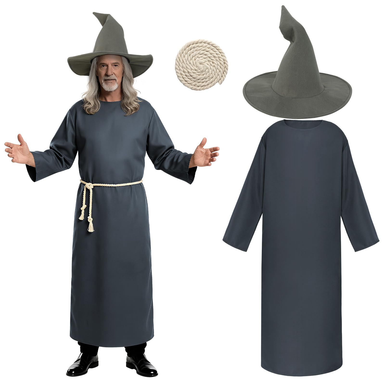 Disfraz de Mago Medieval, Disfraz de Brujo Hombre, Disfraz Mago Gris Adulto Incluye Túnica, Sombrero y Cinturón, Ideal para Halloween, Carnaval y Cosplay