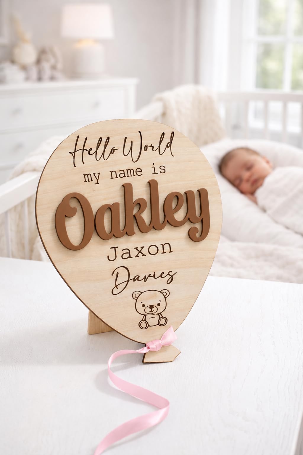 Baby Announcement Balloon Plaque | Hello World | Welcome To The World | Baby Name Sign | Birth Announcement | Personalised Baby Gifts (Brown, XL (21x27cm) + Pink Ribbon) — image 1