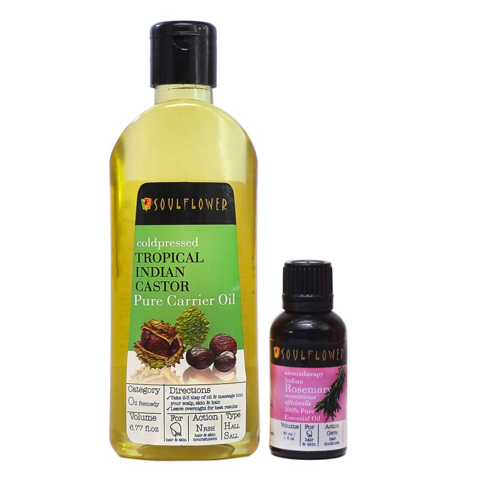Soulflower Hair and Skin Care Essentials, Pack of Castor Carrier Oil and undiluted Rosemary Essential Oil