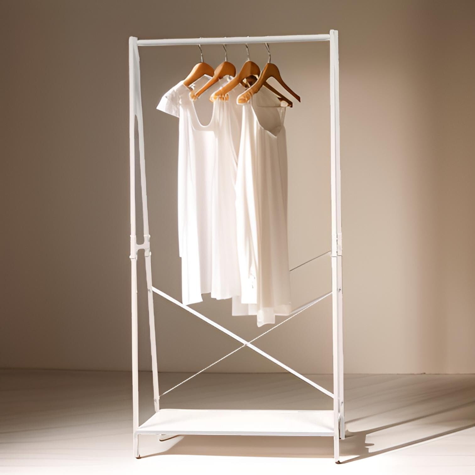 Dylex Metal Clothes Rail, Freestanding Garment Rack with Shoe Storage, Heavy Duty Wardrobe Cream