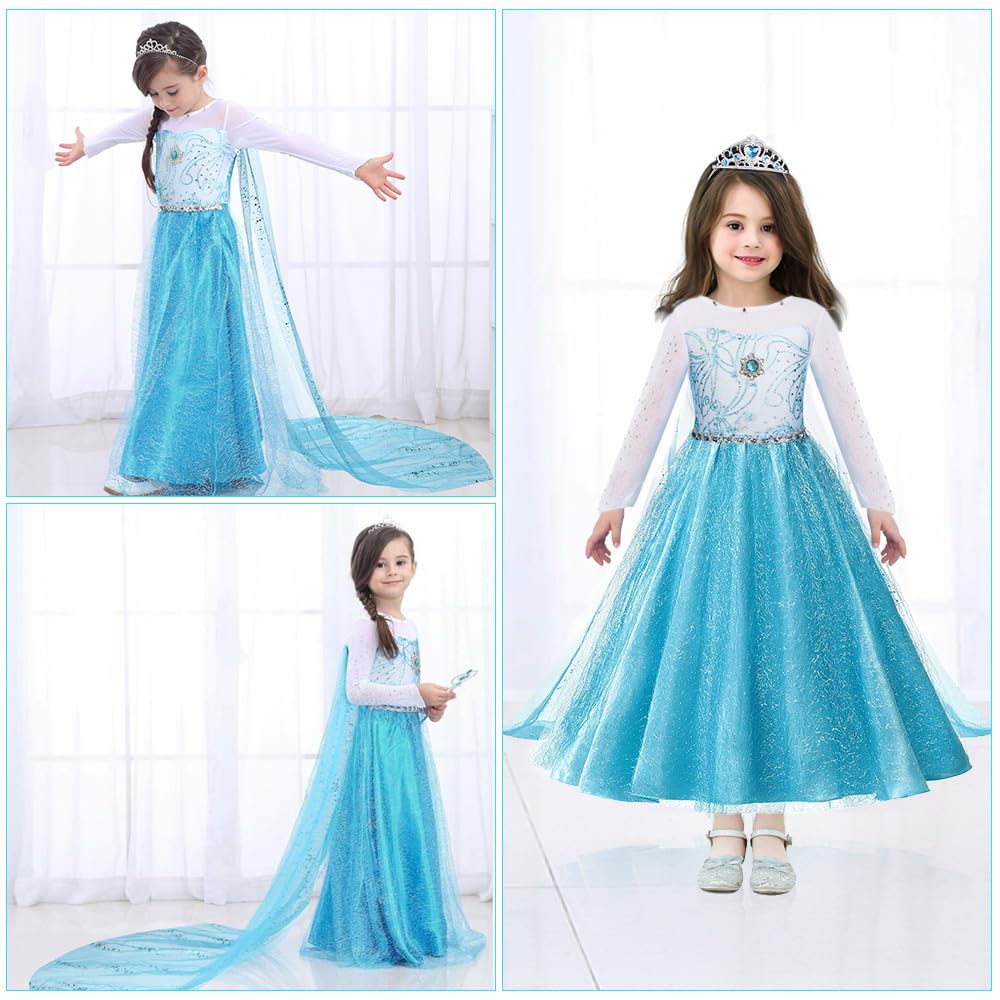URAQT Costume di Elsa, Set da Principessa Elsa Corona Bacchetta Guanti Treccia, Costume di Cosplay Party Halloween Costume Abito delle Ragazze di Natale Vestito Fantasia (Verde Chiaro-150)