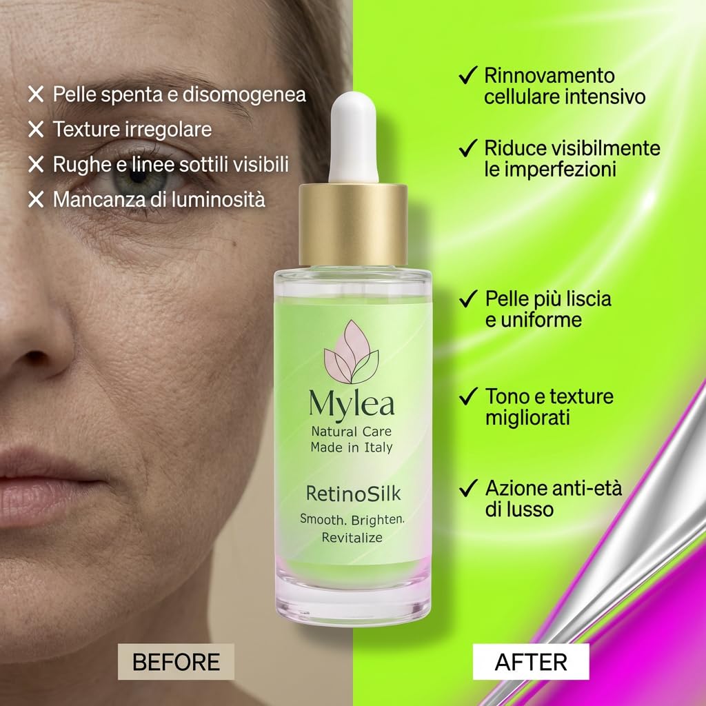 Mylea RetinoSilk | Siero Viso 30ml, no parabeni | Retinolo, Niacinamide, Vitamina C ed E | Texture leggera, assorbimento rapido | Ideale per rughe, pori dilatati, antiage | Made in Italy