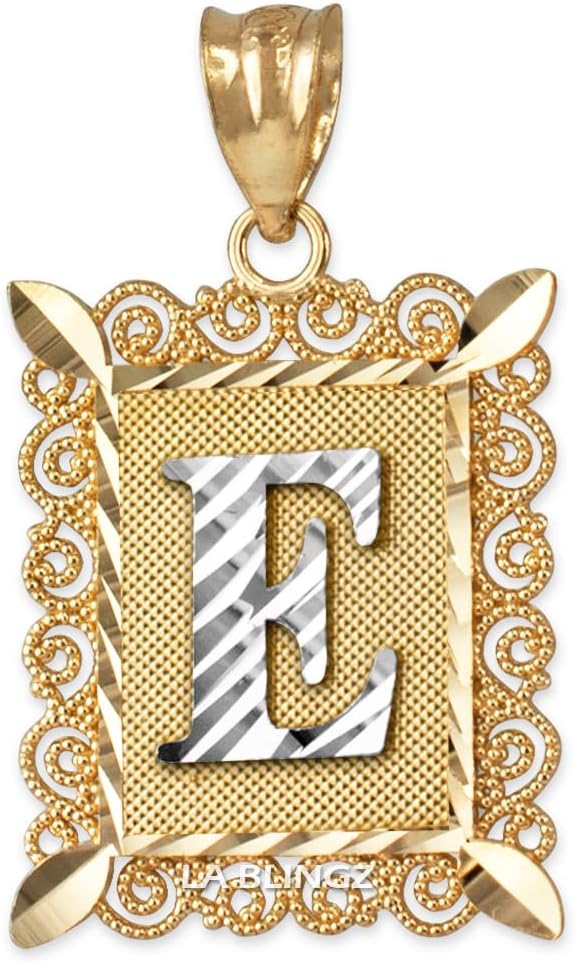 LA BLINGZ 14K Gold Filigree Alphabet Letter 'E' Initial Personalized Charm Pendant (S/M/L)