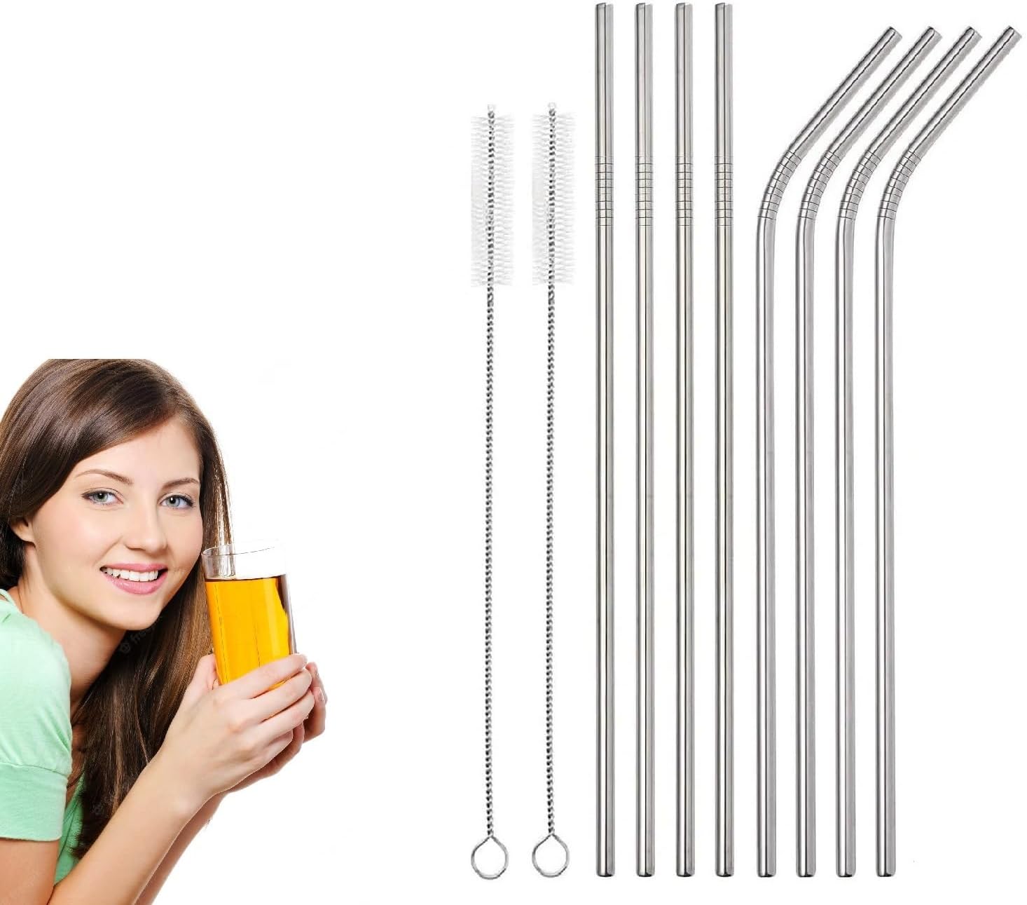 NURIOR Reusable Stainless Steel Straw with Cleaning Brush Long Metal Straws for Drinking, Juice Drinking Straw Party Supplier Reusable Set of 10 Pcs (4- Bend Pipe, 4- Long Straw, 2-Cleaning Brush)