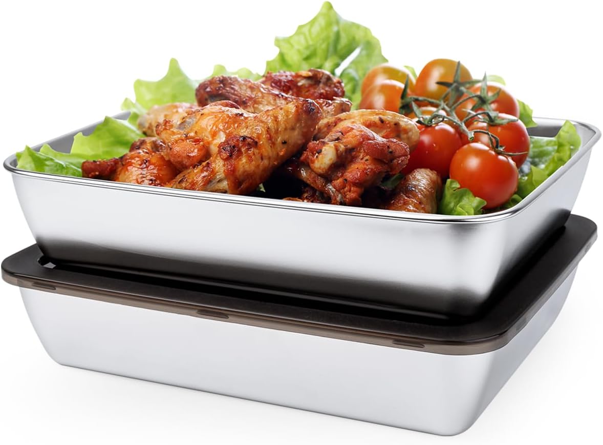 6 PCS Stainless Steel Food Storage Containers with lids,2.16 Inch Deep, 8x10 Inch Stainless Steel Oven plate, Metal Roasting Pan for Meal Prep、Meat, Rustproof & Heavy, Freezer & Dishwasher Safe