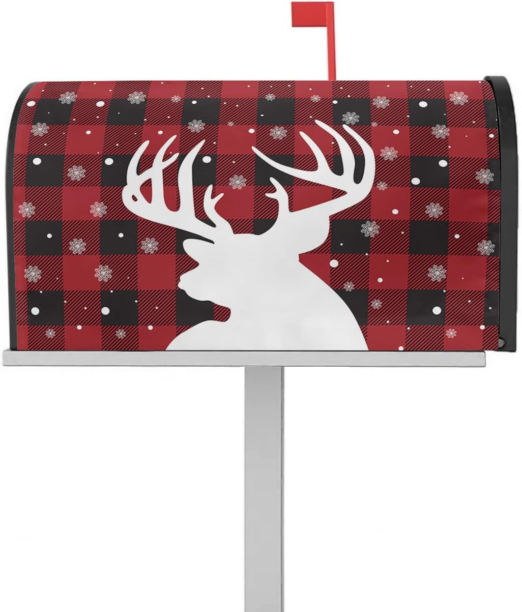 Mailbox Cover, Merry Christmas Buffalo Plaid Red and Black Elk Snowflake Mailbox Wrap Magnetic Mailbox Covers for Garden Yard Outdoor Decor,Farmhouse Mailbox Post Box Cover Wraps Standard Size 18"x21"