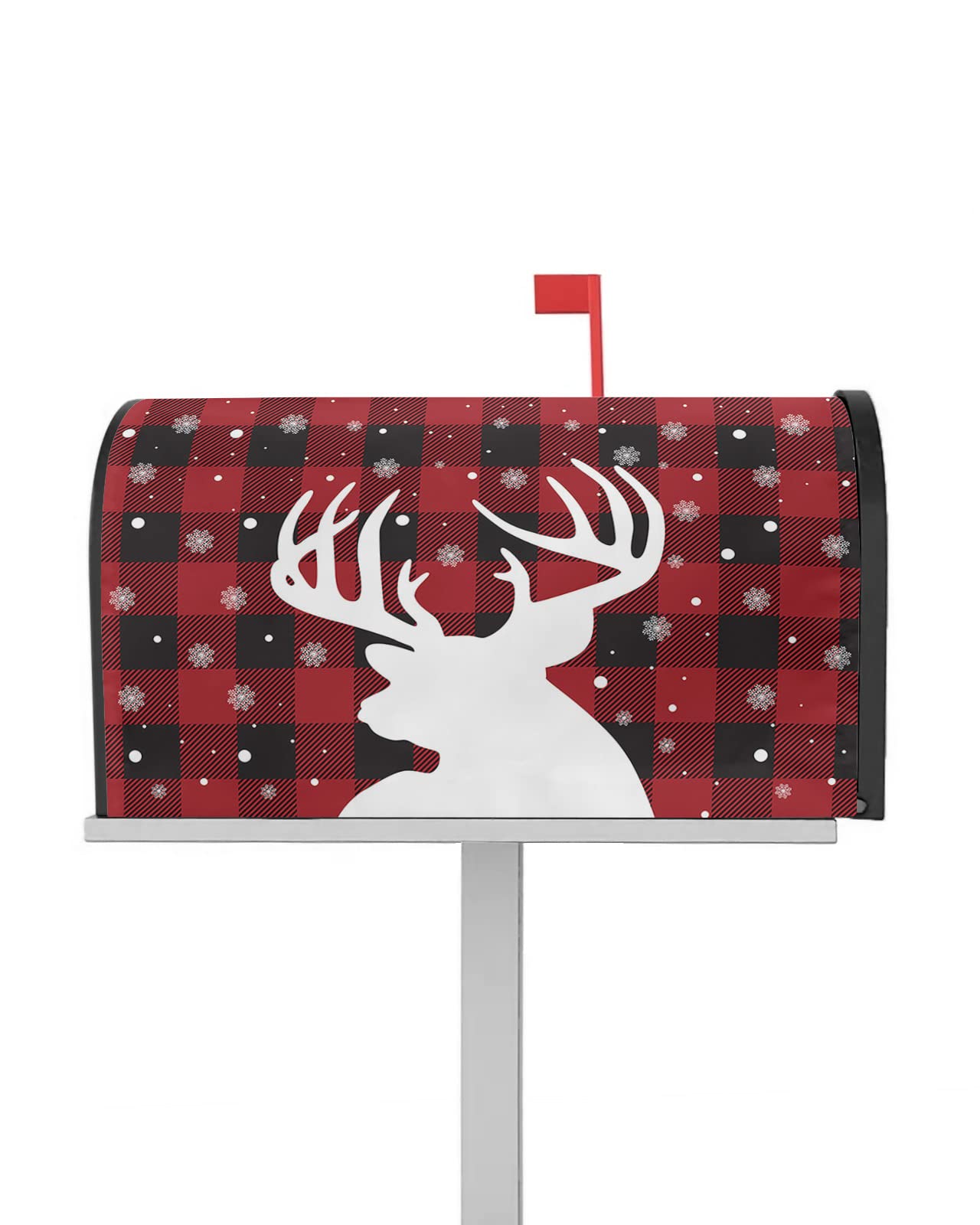 Mailbox Cover, Merry Christmas Buffalo Plaid Red and Black Elk Snowflake Mailbox Wrap Magnetic Mailbox Covers for Garden Yard Outdoor Decor,Farmhouse Mailbox Post Box Cover Wraps Large Size 21