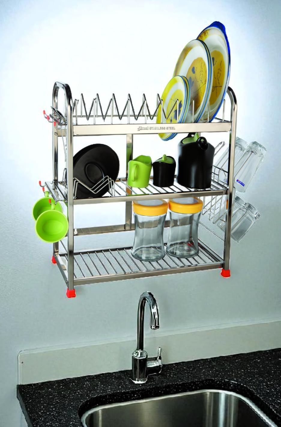 AMOLยฎ Premium Stainless Steel 3-Tier Dish Rack | Kitchen Rack for Utensils, Plates & Glasses | Wall Mount & Countertop | Rust-Proof Kitchen Organizer Stand