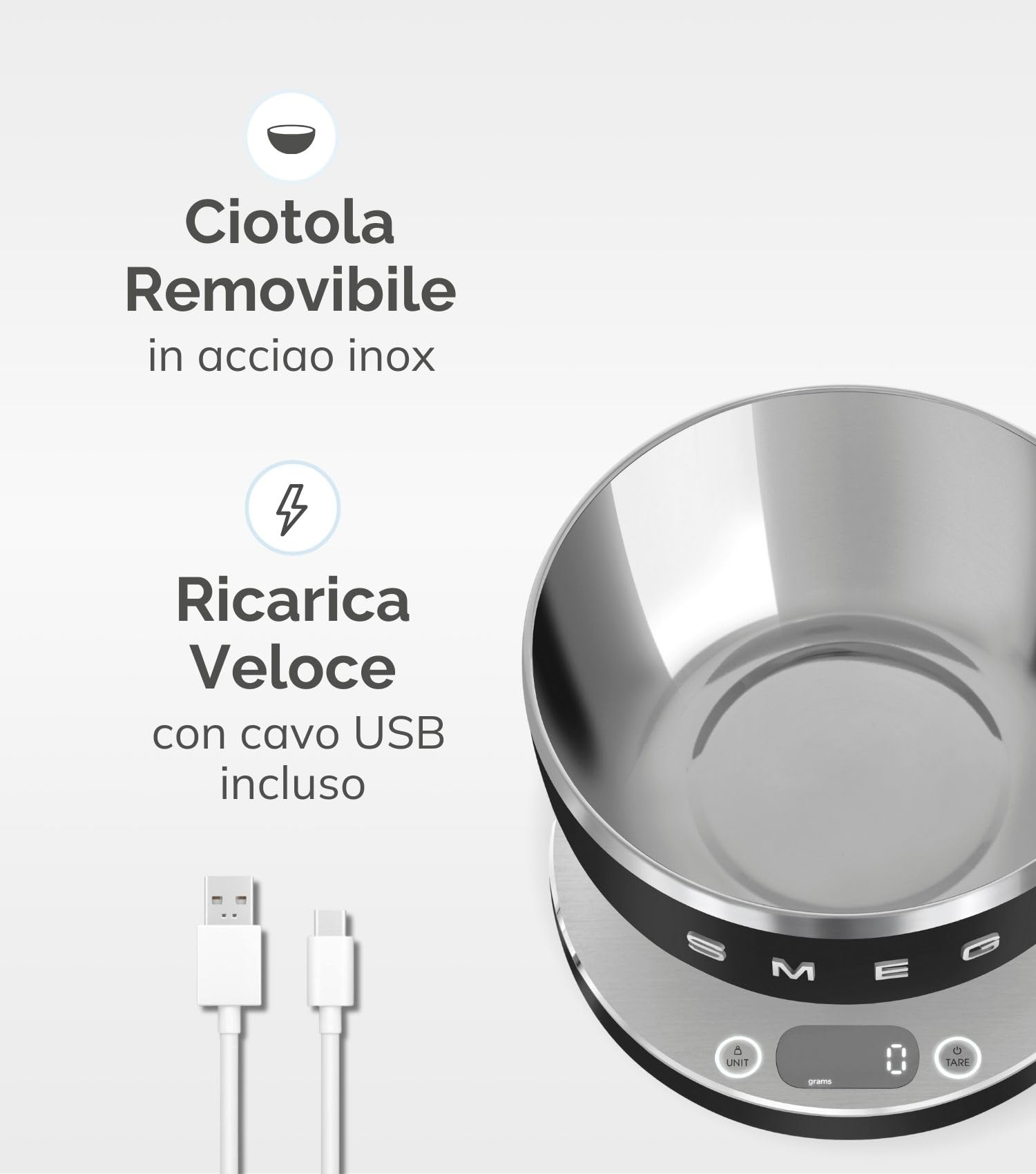 Smeg, Bilancia da Cucina Digitale KSC01BLMWW, Ciotola in Acciao Inox Removibile, Quattro Unità di Misura g/ml e lb.oz/fl.oz, con Funzione Tara, Portata Massima 5kg, Nero