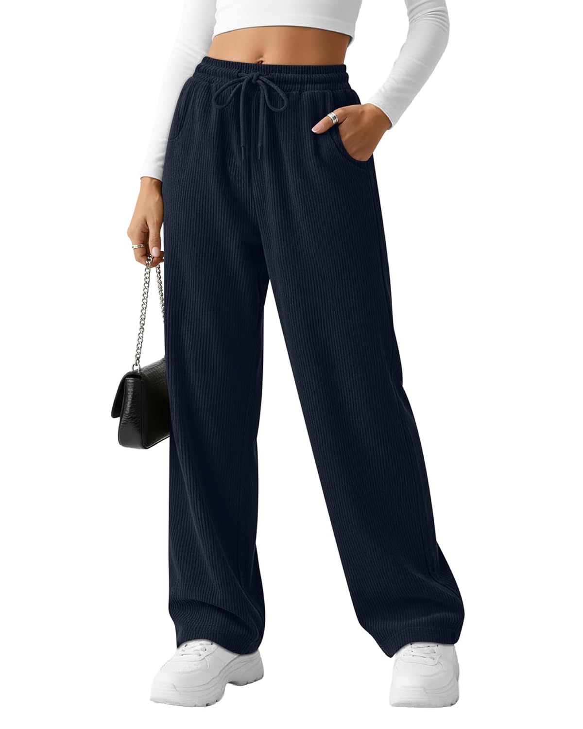 Corduroy Pants for Women Casual Drawstring High Elastic Waist Wide Leg Barrel Loose Comfy Trousers with Pockets