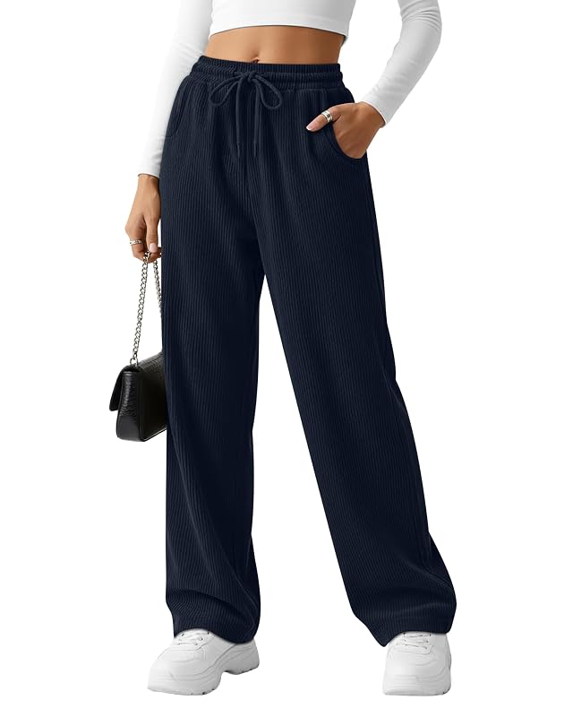 Corduroy Pants for Women Casual Drawstring High Elastic Waist Wide Leg Barrel Loose Comfy Trousers with Pockets