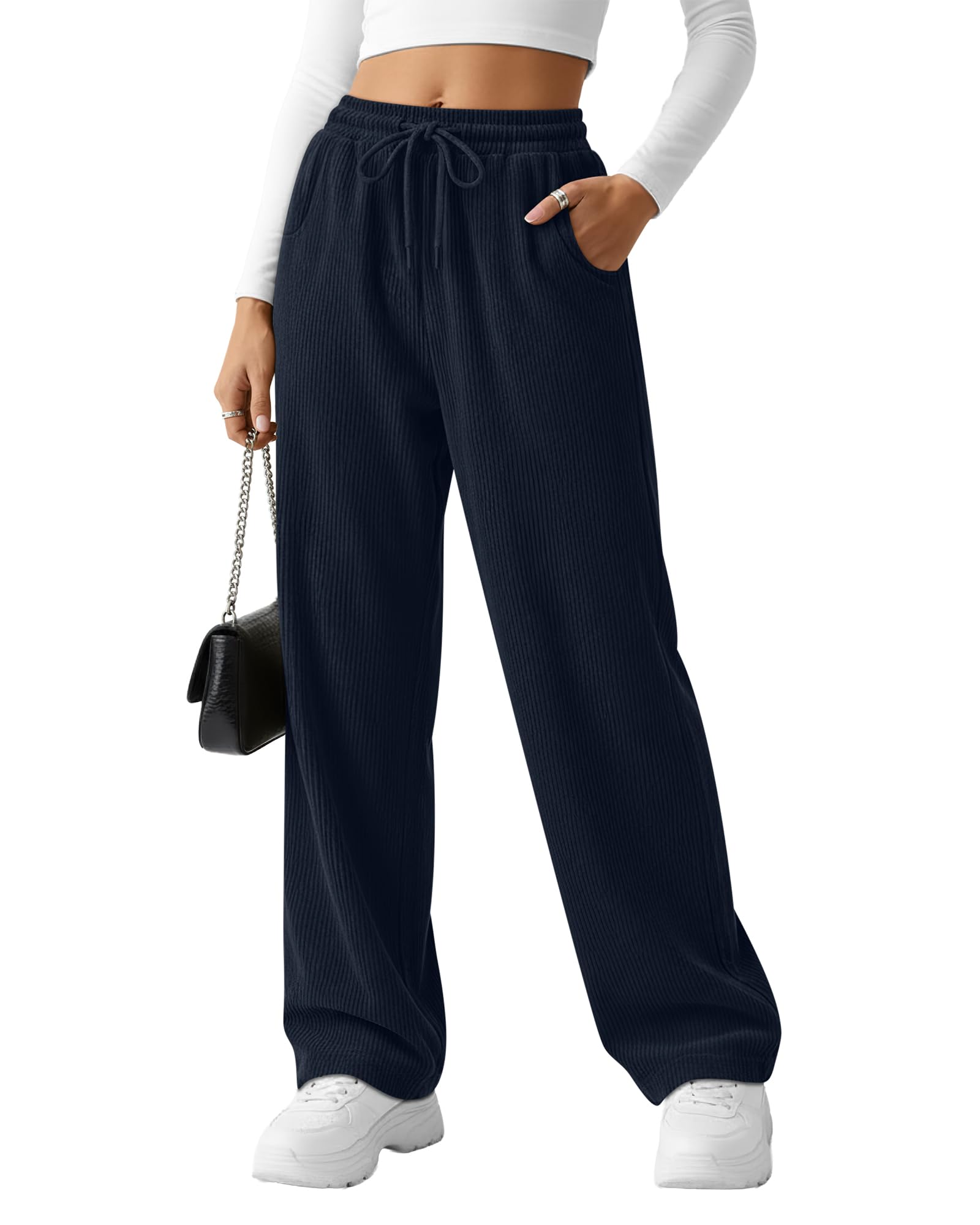 Corduroy Pants for Women Casual Drawstring High Elastic Waist Wide Leg Barrel Loose Comfy Trousers with Pockets