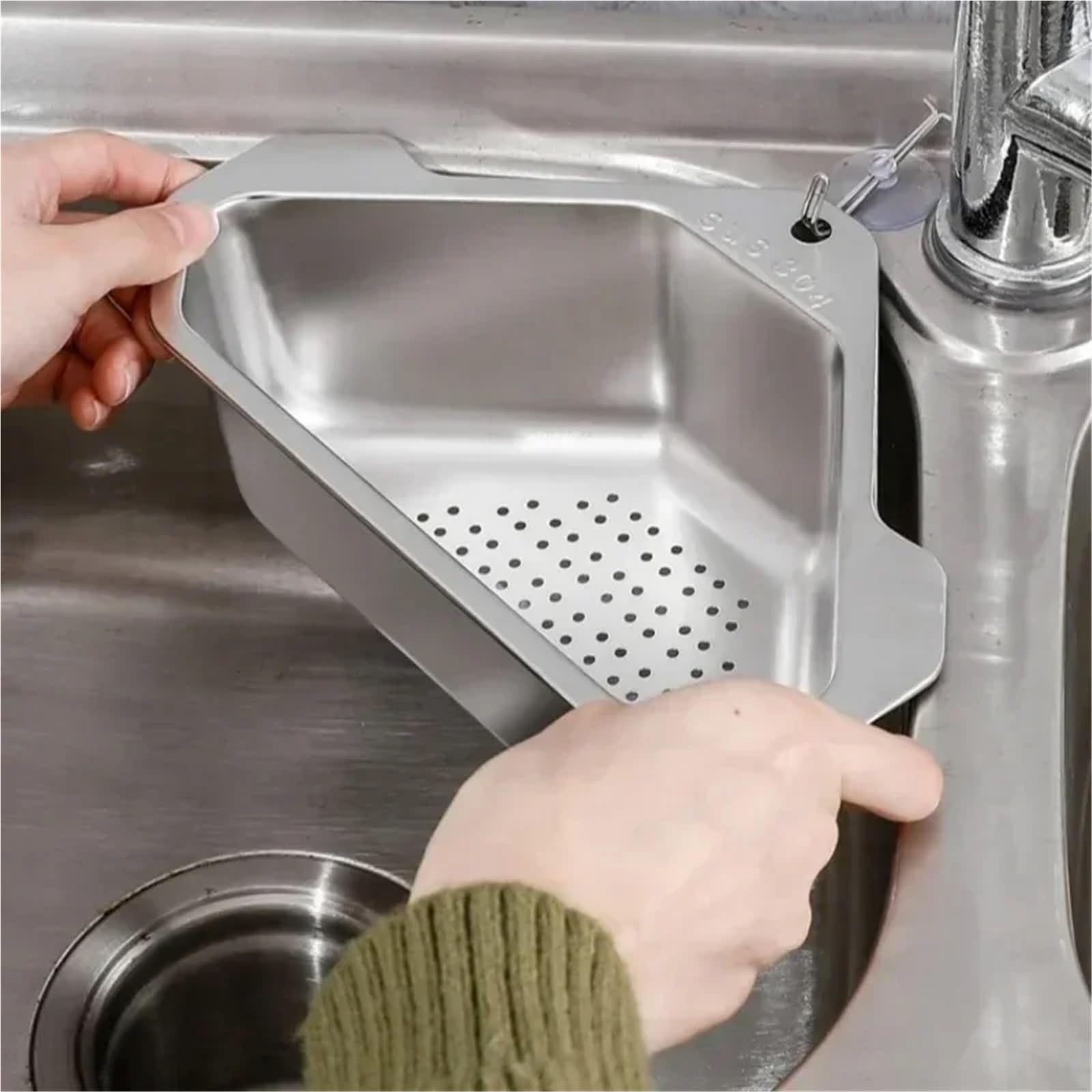Filtro de Fregadero Cocina Acero Inoxidable, Cesta Drenaje Triangular, escurridor Frutas y Verduras, Estante Almacenamiento, Barra con Ventosa, 2 uds para Cocina,Frutas