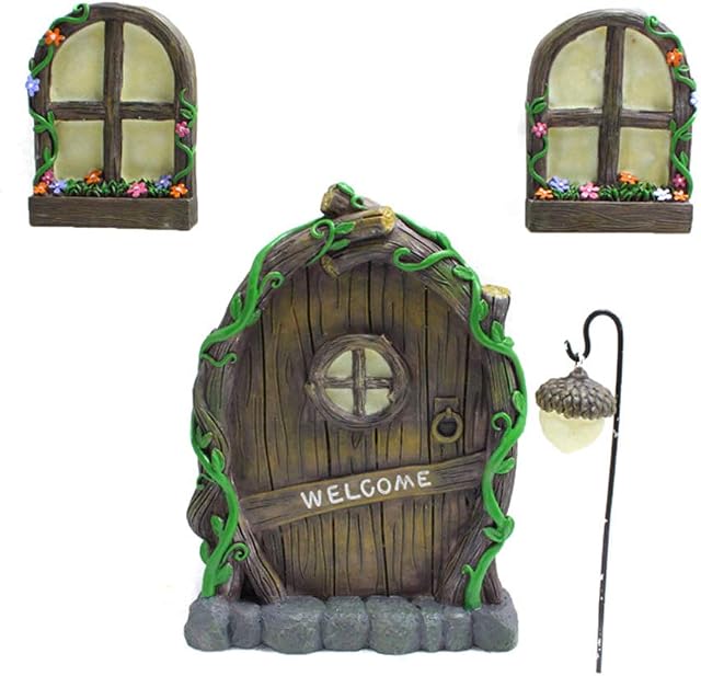 Miniature Fairy Tree Door with Two Glow Windows, Waterproof Door and Windows Tree Statues Mystical Garden Glow Sculptures for Yard Lawn Art Decoration