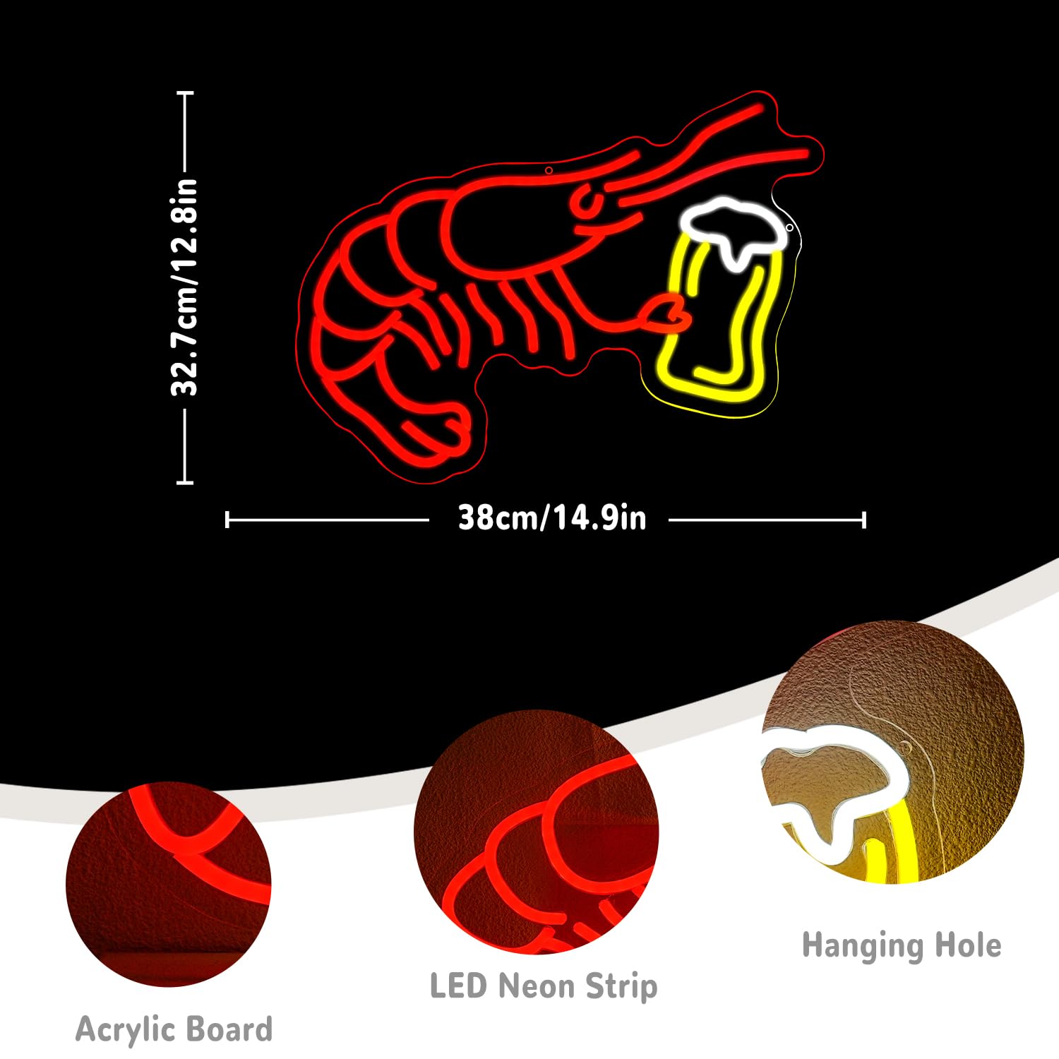 Letrero de neón de cerveza de camarón para decoración de pared, barra de luz de neón de langosta, letreros LED de camarones rojos, letrero de luz de neón para bar, dormitorio, tienda, cocina