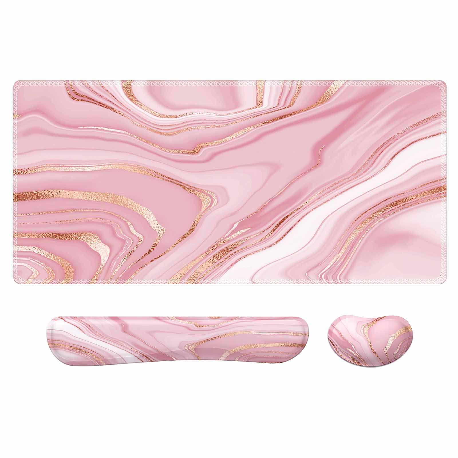 Anyshock Rose Gold Desk Mat for Desktop, Eronomic Mouse Pad with Wrist Rest, Keyboard Wrist Support, 3 in 1 Computer Desk Pad Large Set, Memory Foam Gaming Keyboard Mat for Women, Pink Marble Fulid — image 1
