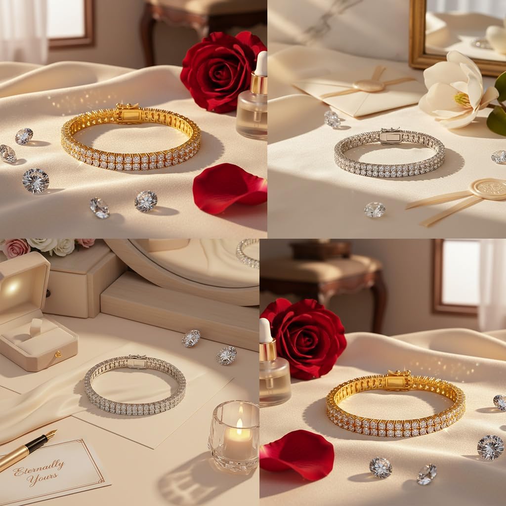 Gemsme 2 Rows Tennis Bracelets for Women Men - 18K Yellow Gold Plated 3mm Round Cut Cubic Zirconia Classic Tennis Bracelet, Size 6.5-8.5 Inch - Image 5