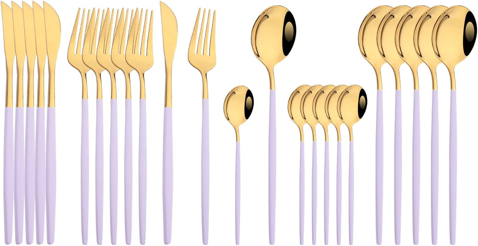 JASHII Flatware Set 24 Piece, Stainless Steel Silverware Set, Macaron Small Fresh Color Cutlery Set, Modern Elegant Tableware Set for Party, Christmas, Dinner (Purple Gold), Service for 6