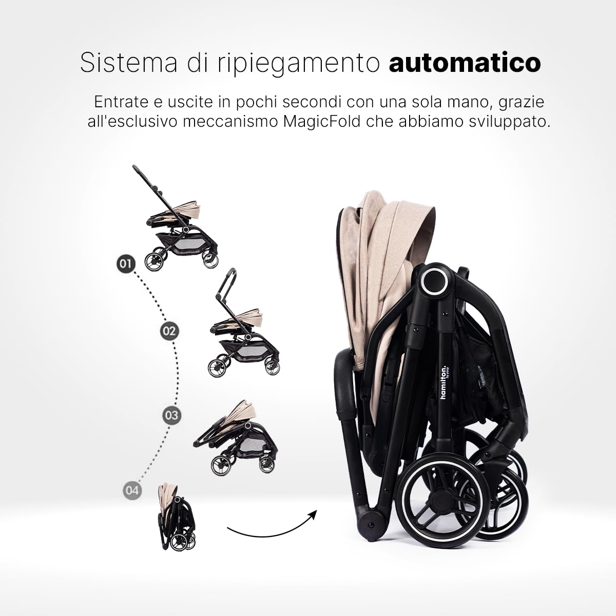 Hamilton by Yoop T1 Buggy - Seduta girevole a 360° - Tecnologia MagicFold™ - Pieghevole - Ruote riflettenti con sospensioni - Include borsa protettiva e portabicchieri - Passeggino regolabile - Cachi