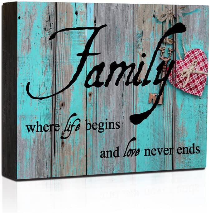Home Office Desk Grey Decor - Inspirational Farmhouse Wooden Box Sign Family Wall Box Sign - Family, Where Life Begins and Love Never Ends