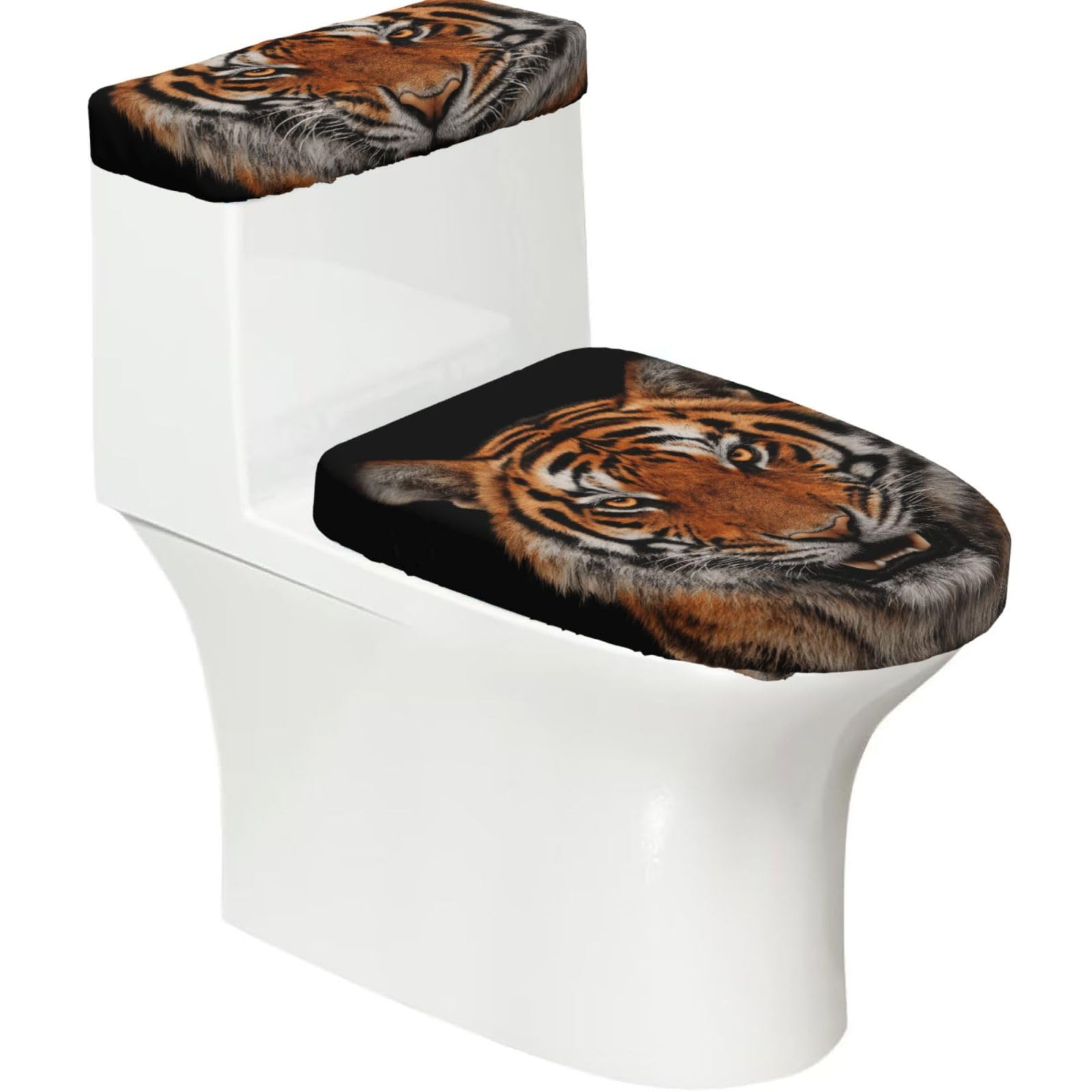 Tiger Face Pattern Elastic Toilet Cover Set of 2-Stretchy Lid and Tank Covers for Bathroom, Soft Washable U Shape Toilet Decor