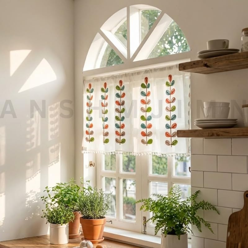 Image of Short Window Curtain for Kitchen, Living Room, Cafe, Restaurant & Home Decor | Elegant Half Window Valance | Length - 24 Inch, Width - 42 Inch (Multiple Color Leaf, Small)